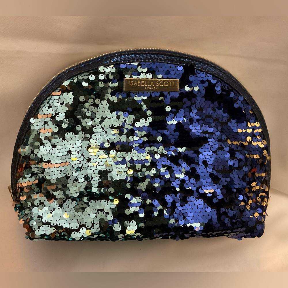 Isabella Scott Blue Flip Sequin Makeup Pouch Zipper Cosmetic Bag Toiletry Clutch